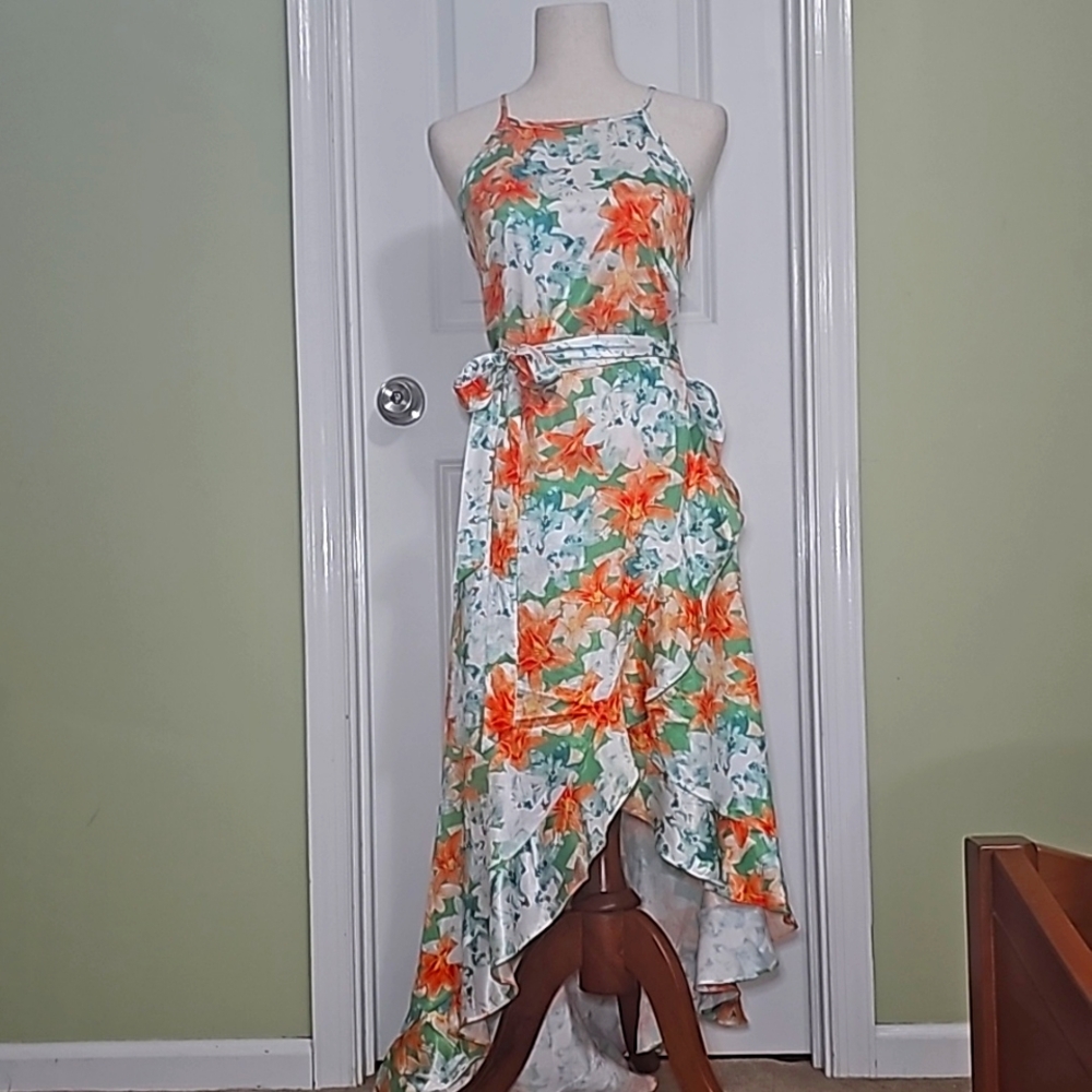 Peach Love Bright Flowy Ruffle Asymmetrical Hi-Low Vacay Tropical Print Size M